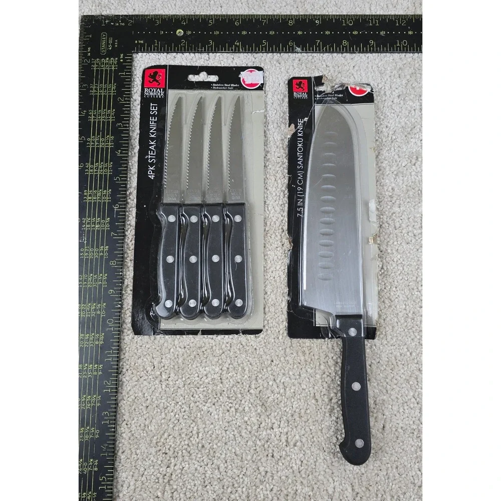 Royal Norfolk Steak Knife Set & Santoku Knife Black Stainless-Steel Kitchen 5pc